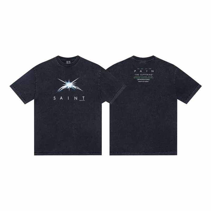 130💰S02# Saint michael American high street starlight letter print retro washed distressed loose cotton short-sleeved T-shirt 13 washed black S, M, L, XL